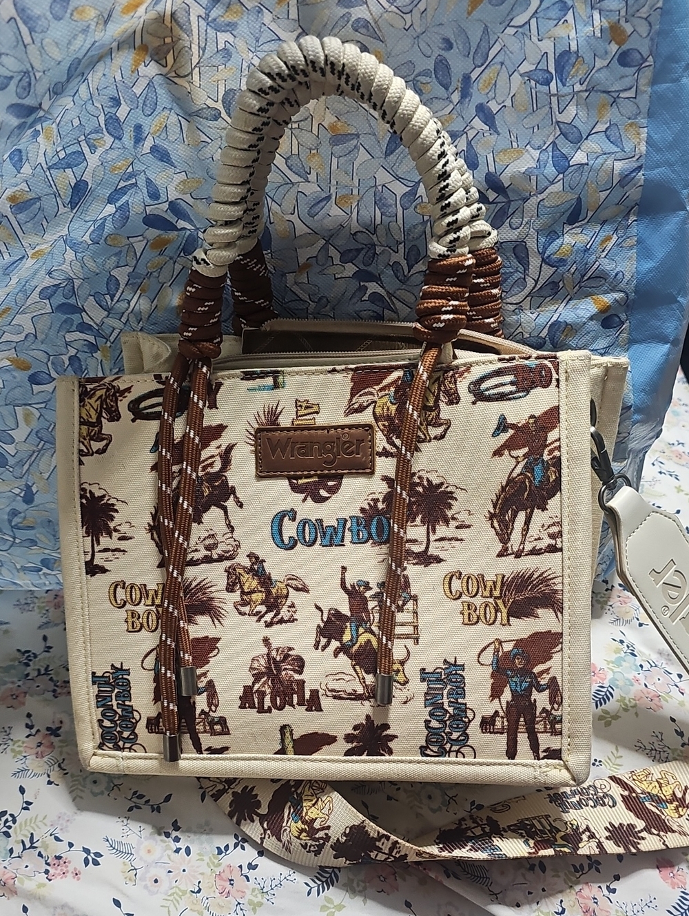 Wrangler Cowboy Print Mini Canvas Bag in Beige and Brown